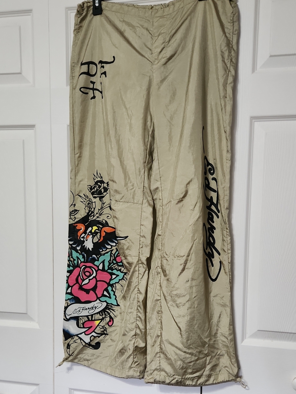 Ed Hardy Gold/Tan Track Pants with Colorful Rose & Eagle Flash Art